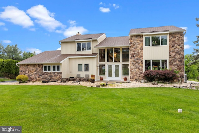 11 Candace Ct, Richboro, PA 18954 - rear view of property with stone siding, french doors, a lawn, and a chimney