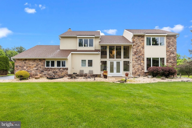 11 Candace Ct, Richboro, PA 18954 - back of property featuring stone siding, french doors, a chimney, and a yard