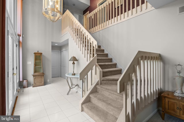 11 Candace Ct, Richboro, PA 18954 - staircase with a towering ceiling, a chandelier, and tile patterned floors