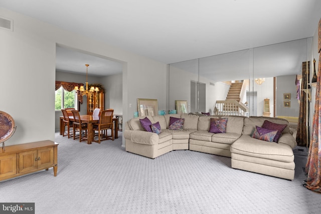 11 Candace Ct, Richboro, PA 18954 - living area with a chandelier, light colored carpet, and stairway