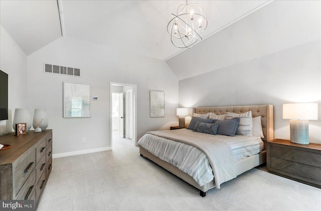 bedroom featuring vaulted ceiling, a chandelier, baseboards, and light carpet