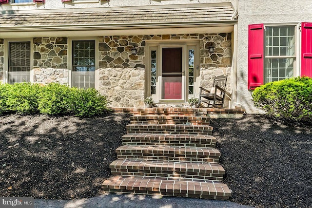 property entrance featuring stone siding