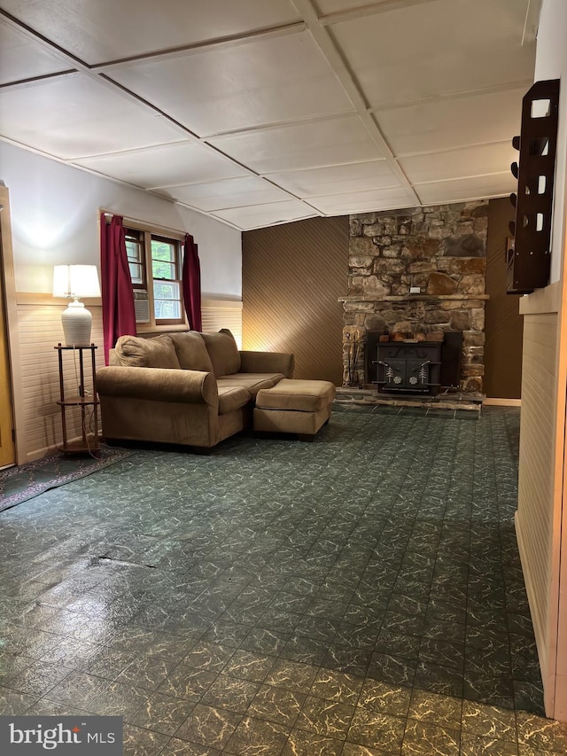 5580 Back Hollow Rd, Blain, PA 17006 - living area with a stone fireplace and wood walls