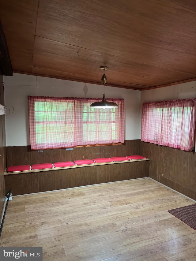 5580 Back Hollow Rd, Blain, PA 17006 - unfurnished dining area with wainscoting, wooden ceiling, wood finished floors, and wood walls