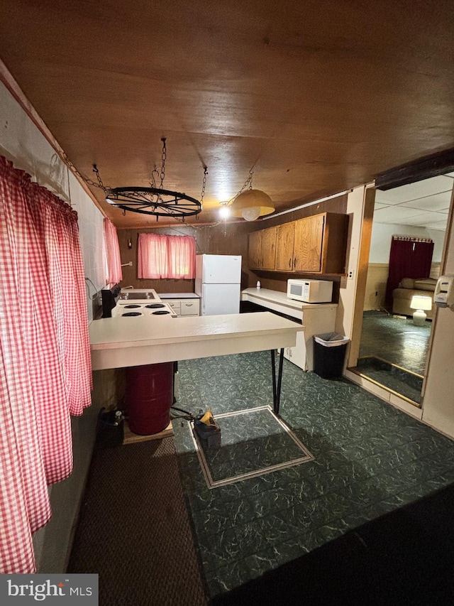 5580 Back Hollow Rd, Blain, PA 17006 - kitchen with white appliances, wooden ceiling, and carpet floors