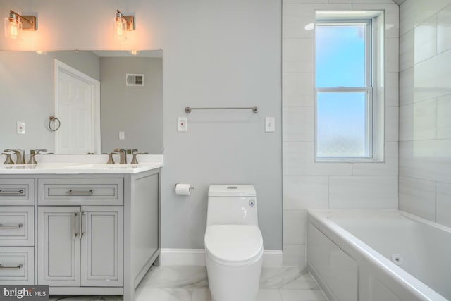 4106 Fleetwood Ave, Baltimore, MD 21206 - bathroom with marble finish floors, a whirlpool tub, vanity, toilet, and baseboards