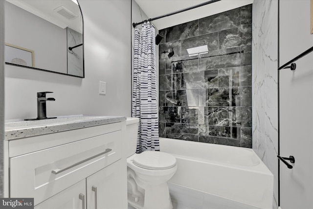 full bathroom with shower / bath combination with curtain, vanity, and toilet