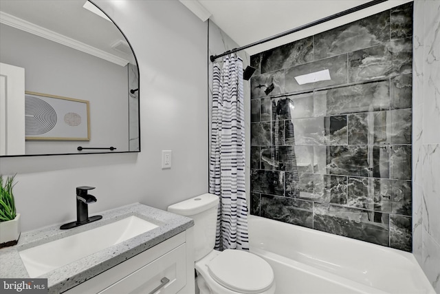 full bathroom featuring toilet, vanity, shower / bathtub combination with curtain, and ornamental molding