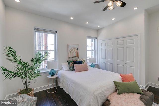 1926 Webster St, Philadelphia, PA 19146 - bedroom featuring baseboards, wood finished floors, recessed lighting, a closet, and a ceiling fan