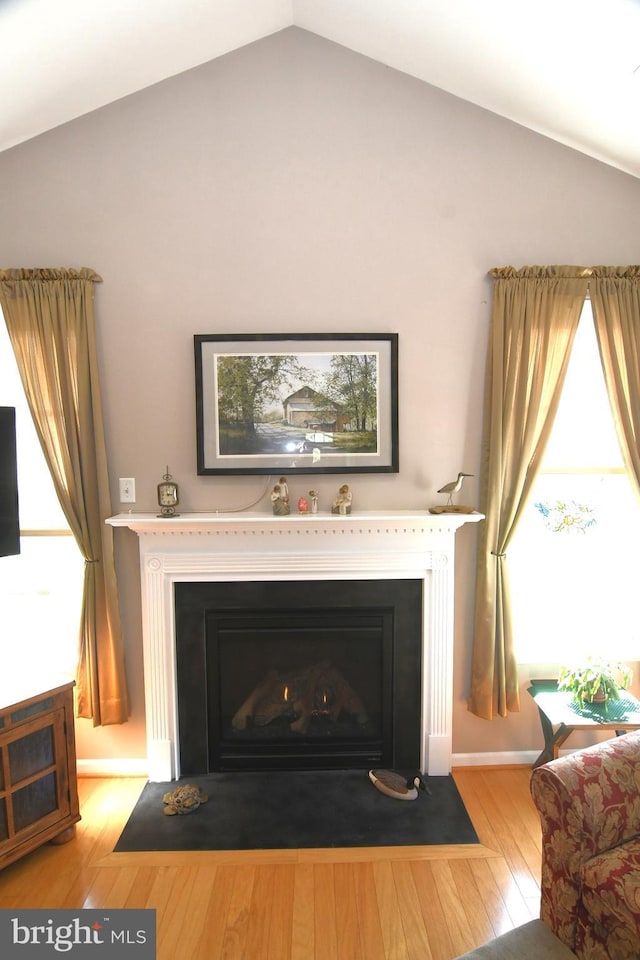 detailed view of a fireplace with flush hearth and wood finished floors