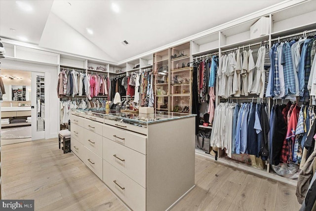walk in closet featuring vaulted ceiling and light wood-type flooring