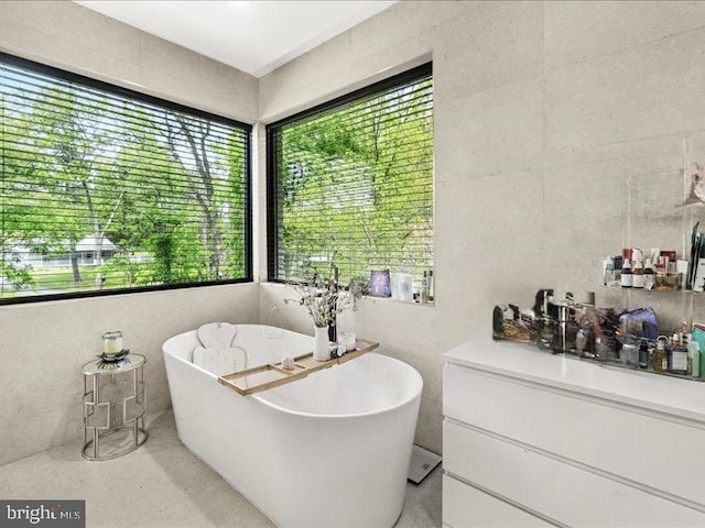full bath with healthy amount of natural light, a freestanding tub, and vanity