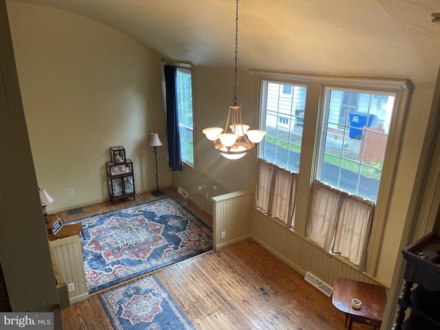 120 Hanover St, Pemberton, NJ 08068 - dining space featuring a chandelier, wood-type flooring, and lofted ceiling