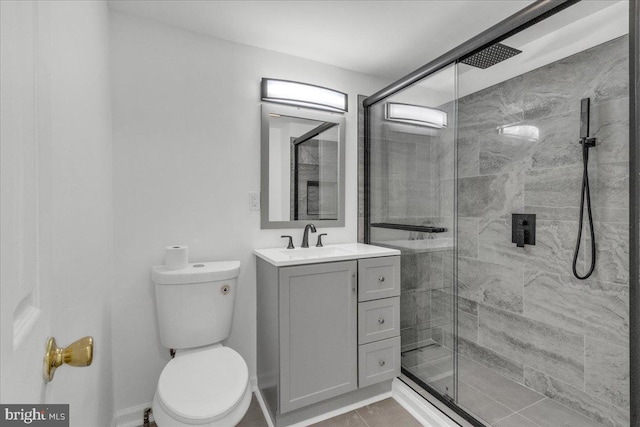 bathroom with a stall shower, toilet, and vanity