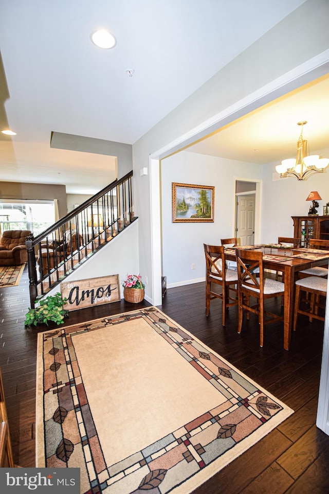 130 Steamboat Ct, North East, MD 21901 - dining area featuring hardwood / wood-style floors, a chandelier, stairway, baseboards, and recessed lighting