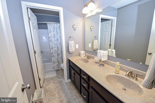 130 Steamboat Ct, North East, MD 21901 - full bathroom with double vanity, tile patterned floors, toilet, shower / bath combo with shower curtain, and baseboards