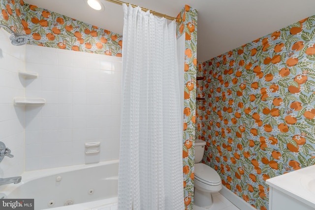 bathroom featuring wallpapered walls, toilet, shower / tub combo with curtain, and tile patterned floors