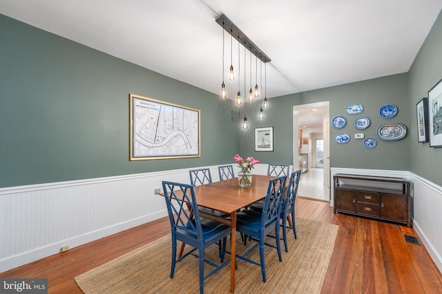 dining space with wood-type flooring and wainscoting