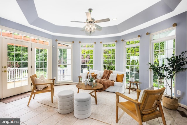 615 Pearl Point Ct, Millersville, MD 21108 - sunroom featuring french doors, a raised ceiling, plenty of natural light, and tile patterned floors