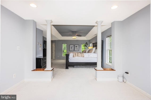615 Pearl Point Ct, Millersville, MD 21108 - carpeted bedroom featuring decorative columns, baseboards, recessed lighting, and a tray ceiling