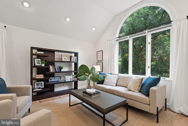 4009 30th St N, Arlington, VA 22207 - living area featuring light wood-style floors, vaulted ceiling, and recessed lighting