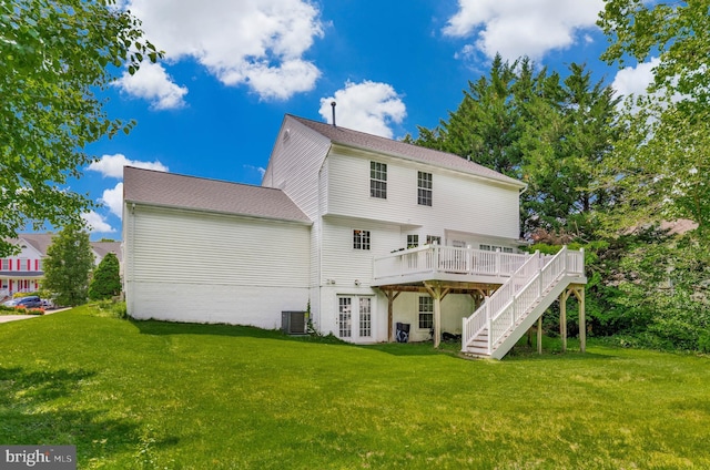 2452 Tuckahoe Ct, Waldorf, MD 20601 - back of house with a wooden deck, stairs, a lawn, central AC unit, and french doors