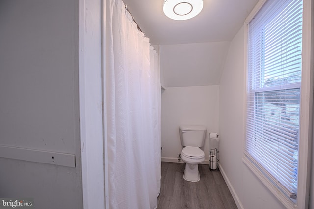 bathroom featuring wood finished floors, toilet, and baseboards