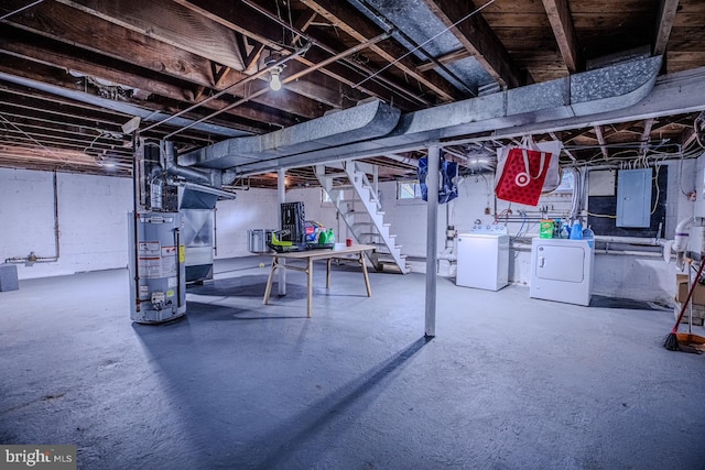 unfinished basement featuring separate washer and dryer, gas water heater, electric panel, and stairs