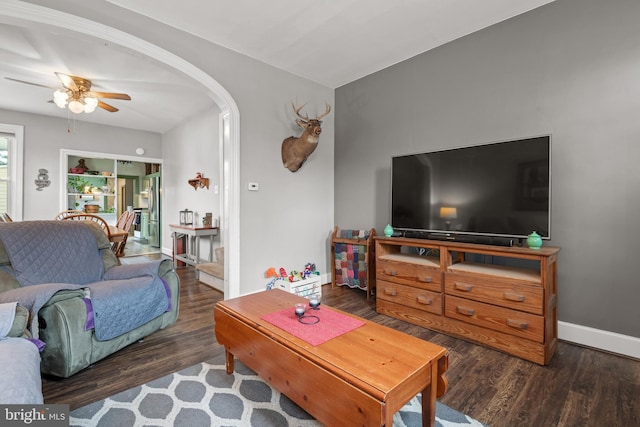 848 Houston St, Columbia, PA 17512 - living room with wood finished floors, ceiling fan, arched walkways, and baseboards