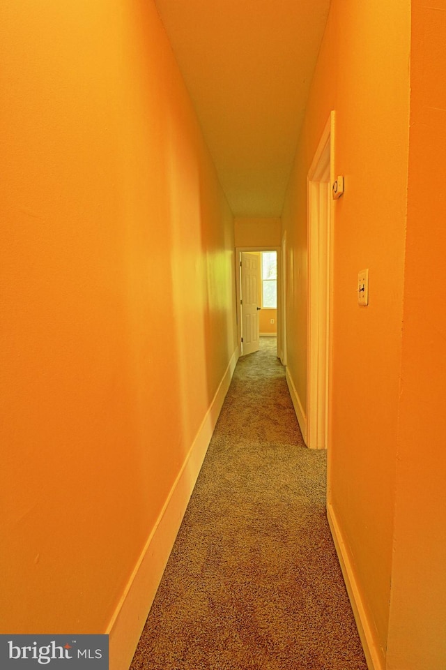 hallway with carpet floors and baseboards