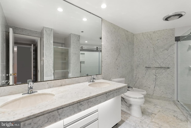 1300 Crystal Dr Unit 1408S, Arlington, VA 22202 - full bath with a bidet, a shower stall, double vanity, toilet, and marble finish flooring