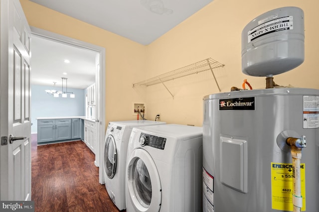 225 S Hanover St, Pottstown, PA 19465 - clothes washing area with water heater, dark wood-style flooring, and separate washer and dryer