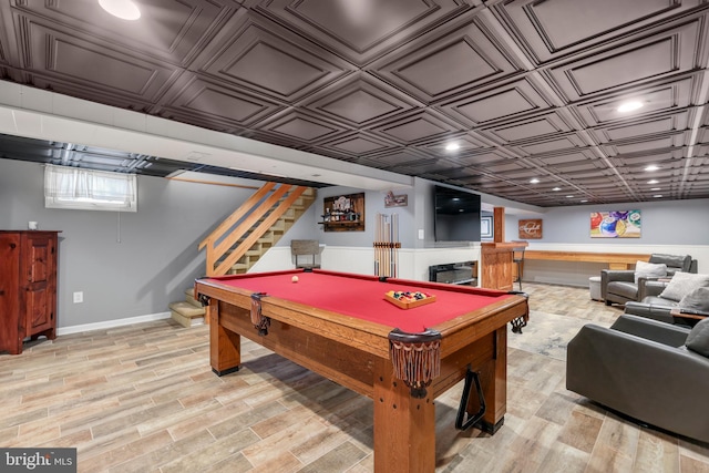 rec room featuring light wood-style flooring, an ornate ceiling, billiards table, baseboards, and recessed lighting