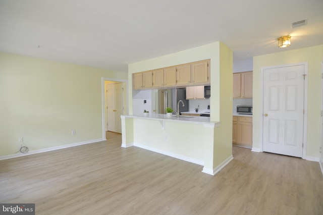 kitchen featuring appliances with stainless steel finishes, a sink, light wood-style floors, light countertops, and open floor plan