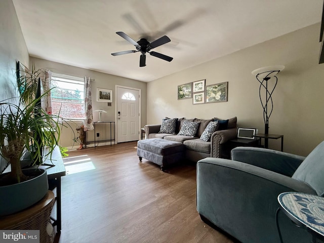 living area with wood finished floors, a ceiling fan, and baseboards