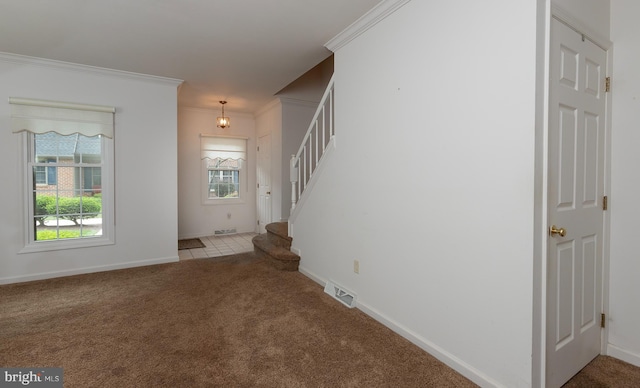 125 Wyndham Way, Harrisburg, PA 17109 - unfurnished living room featuring carpet flooring, stairway, crown molding, and baseboards