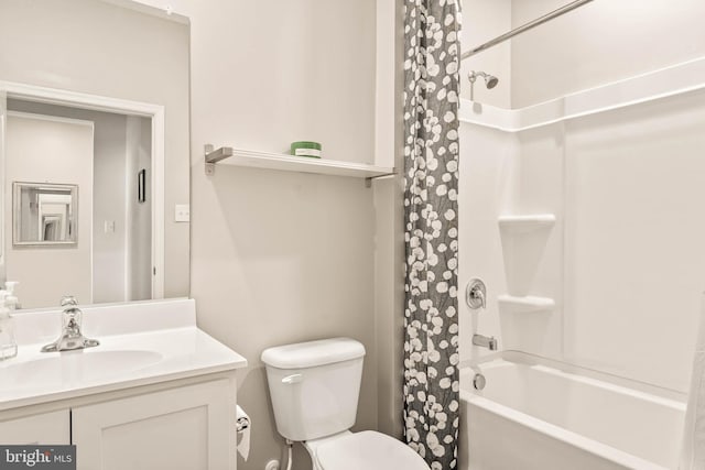 bathroom featuring toilet, vanity, and shower / bathtub combination with curtain