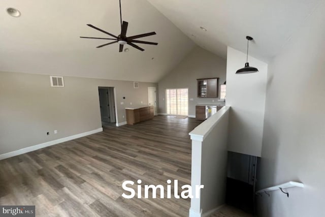 399REAR Beck Mill Rd, Hanover, PA 17331 - unfurnished living room featuring high vaulted ceiling, ceiling fan, baseboards, and wood finished floors