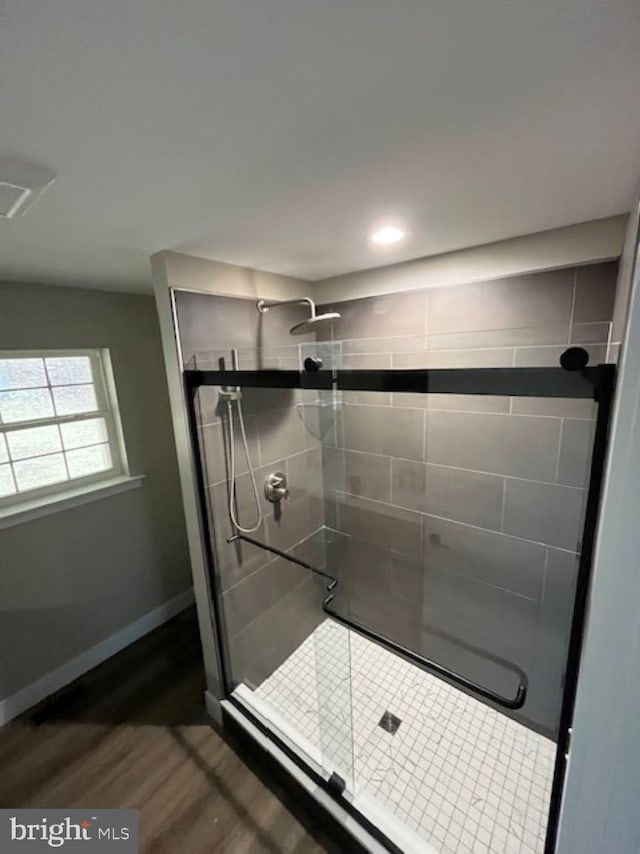 399REAR Beck Mill Rd, Hanover, PA 17331 - bathroom featuring a shower stall, wood finished floors, baseboards, and recessed lighting