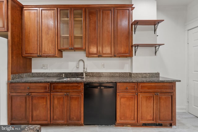 1609 E 33rd St, Baltimore, MD 21218 - kitchen with black dishwasher, open shelves, a sink, dark stone counters, and glass insert cabinets