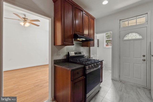 1609 E 33rd St, Baltimore, MD 21218 - kitchen featuring gas stove, under cabinet range hood, ceiling fan, baseboards, and recessed lighting