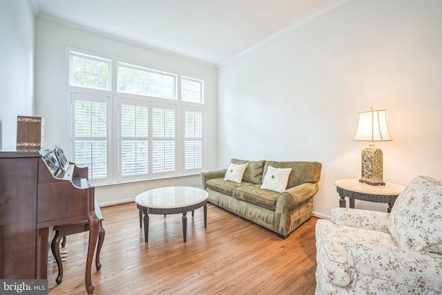 living area featuring crown molding, wood finished floors, and baseboards