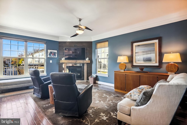 801 Skippers Ln, Annapolis, MD 21401 - living area with a ceiling fan, crown molding, a glass covered fireplace, plenty of natural light, and wood finished floors