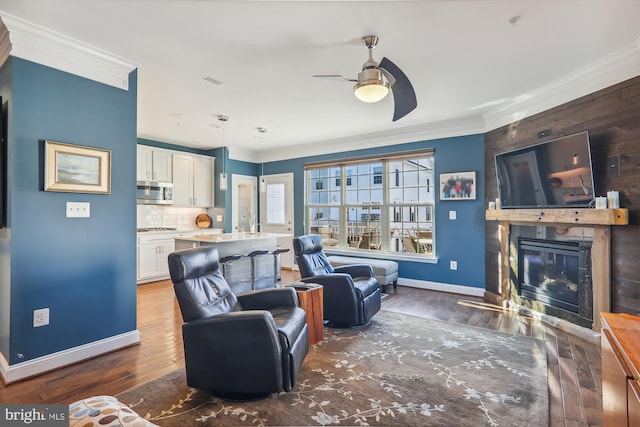 801 Skippers Ln, Annapolis, MD 21401 - living room featuring ornamental molding, a ceiling fan, baseboards, a large fireplace, and hardwood / wood-style flooring