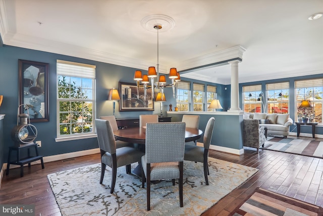 801 Skippers Ln, Annapolis, MD 21401 - dining area featuring ornate columns, hardwood / wood-style flooring, plenty of natural light, baseboards, and ornamental molding