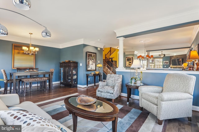 801 Skippers Ln, Annapolis, MD 21401 - living room with a chandelier, stairs, wood finished floors, decorative columns, and baseboards
