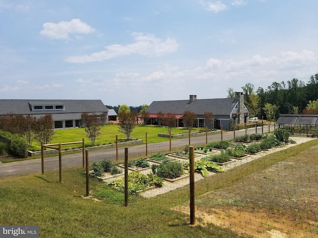 view of yard with a garden and an exterior structure