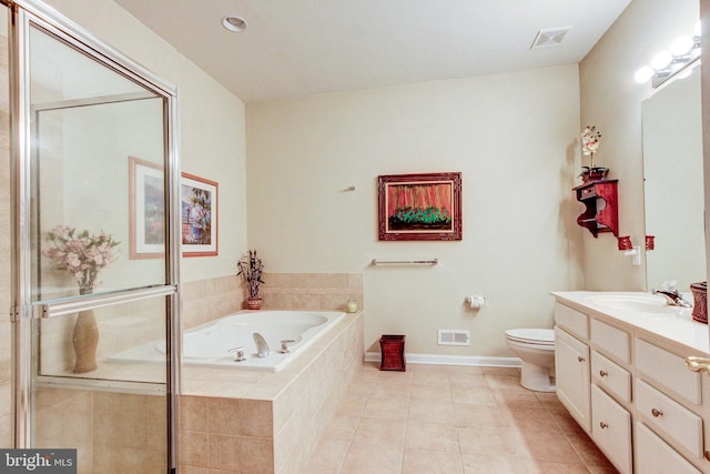 full bathroom featuring vanity, tile patterned flooring, a garden tub, toilet, and a shower with shower door