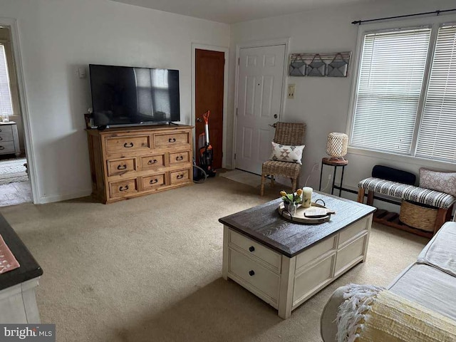 living area with light carpet