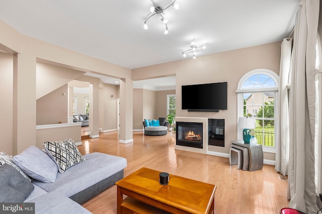 12406 Old Grey Mare Ct, Reisterstown, MD 21136 - living room with light wood-type flooring, a glass covered fireplace, and baseboards